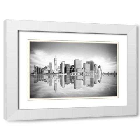 New York Downtown Cityscape White Modern Wood Framed Art Print with Double Matting by Anon.