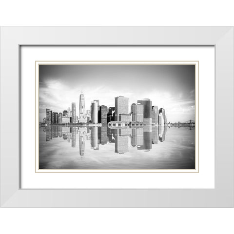 New York Downtown Cityscape White Modern Wood Framed Art Print with Double Matting by Anon.