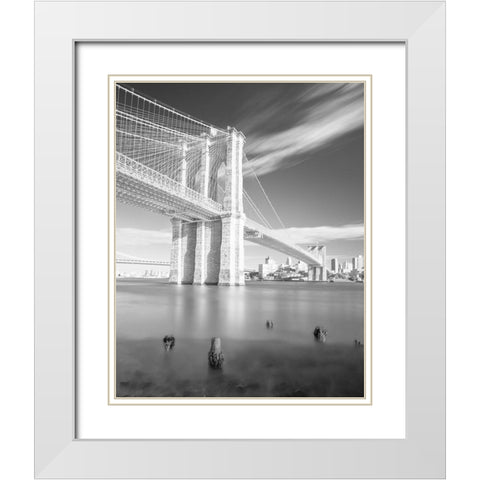 Brooklyn Bridge Black and White White Modern Wood Framed Art Print with Double Matting by Masik, Marek