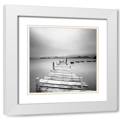 Pier at the Autumn River White Modern Wood Framed Art Print with Double Matting by Cho Pan, Leung