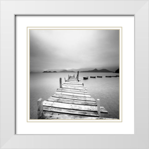 Pier at the Autumn River White Modern Wood Framed Art Print with Double Matting by Cho Pan, Leung