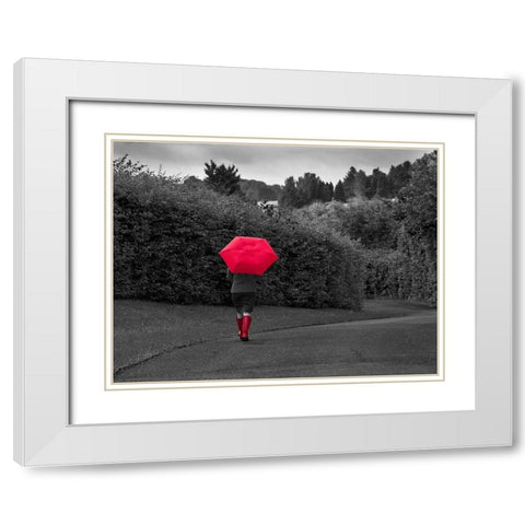 Red Boots and Umbrella White Modern Wood Framed Art Print with Double Matting by Anonymous