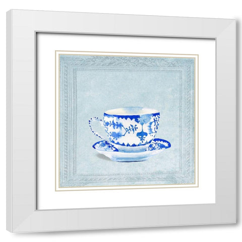 Watercolored Blue and White Tea Cup White Modern Wood Framed Art Print with Double Matting by Dolzhenko, Anna