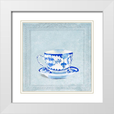 Watercolored Blue and White Tea Cup White Modern Wood Framed Art Print with Double Matting by Dolzhenko, Anna
