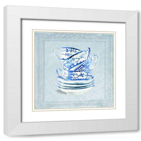 Stacked Tea Cups and Saucers White Modern Wood Framed Art Print with Double Matting by Dolzhenko, Anna