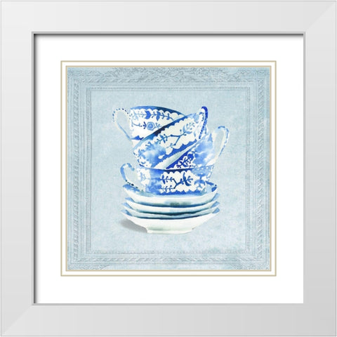 Stacked Tea Cups and Saucers White Modern Wood Framed Art Print with Double Matting by Dolzhenko, Anna
