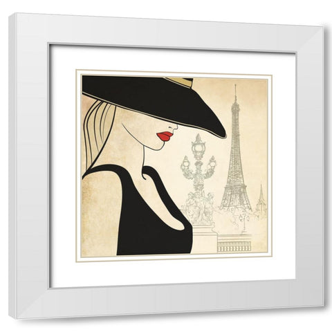 Woman on Paris Bridge White Modern Wood Framed Art Print with Double Matting by Anonymous