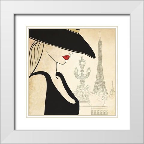 Woman on Paris Bridge White Modern Wood Framed Art Print with Double Matting by Anonymous