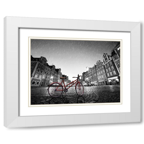 Red Bike on Cobble Stone Street White Modern Wood Framed Art Print with Double Matting by Bednarek, M.