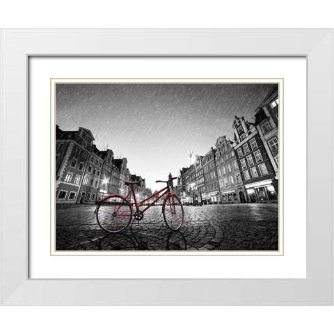 Red Bike on Cobble Stone Street White Modern Wood Framed Art Print with Double Matting by Bednarek, M.