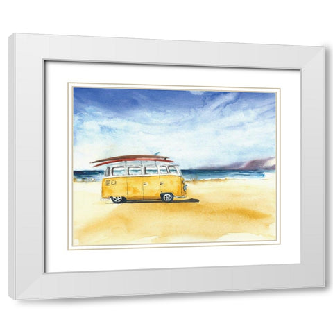 Yellow Minivan with Surfboards White Modern Wood Framed Art Print with Double Matting by Anonymous