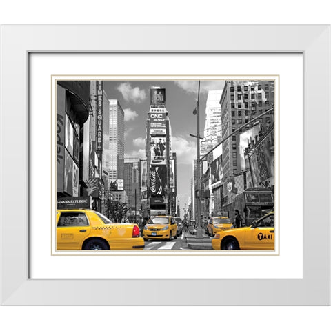 Yellow Cabs, Times Square White Modern Wood Framed Art Print with Double Matting by Maloratsky, Igor