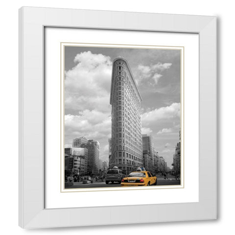 Yellow Cabs at Flatiron Building White Modern Wood Framed Art Print with Double Matting by Maloratsky, Igor
