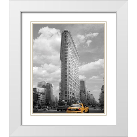 Yellow Cabs at Flatiron Building White Modern Wood Framed Art Print with Double Matting by Maloratsky, Igor