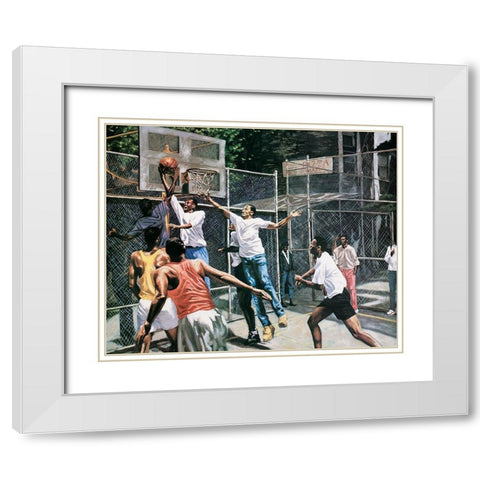 Basketball Pick Up White Modern Wood Framed Art Print with Double Matting by Unknown