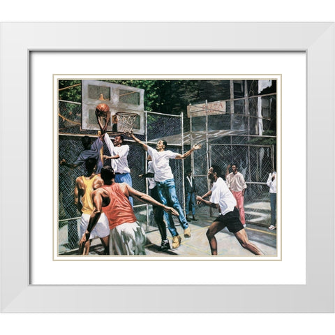 Basketball Pick Up White Modern Wood Framed Art Print with Double Matting by Unknown