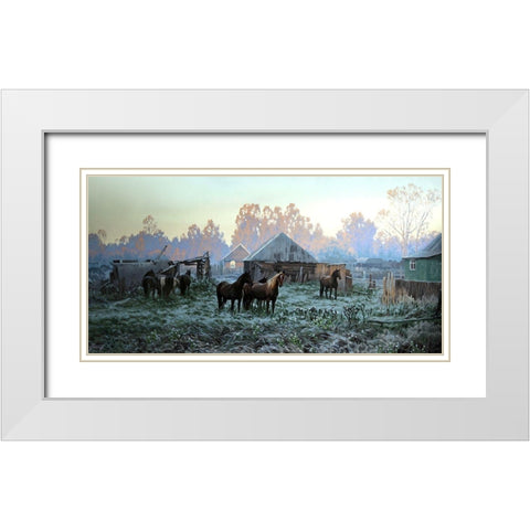 Horses in old Village White Modern Wood Framed Art Print with Double Matting by Adamov, Alexey