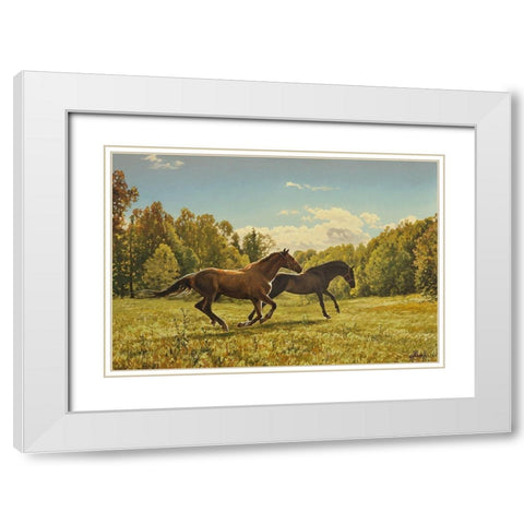 Running Horses II White Modern Wood Framed Art Print with Double Matting by Adamov, Alexey