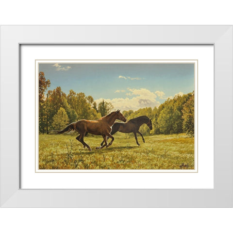 Running Horses II White Modern Wood Framed Art Print with Double Matting by Adamov, Alexey