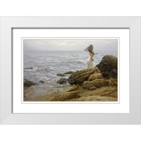 Mermaid White Modern Wood Framed Art Print with Double Matting by Adamov, Alexey