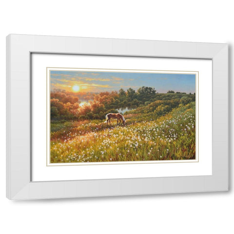 Horse by Sunrise White Modern Wood Framed Art Print with Double Matting by Adamov, Alexey