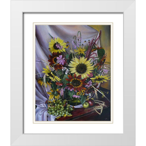 Sunflowers and Grapes White Modern Wood Framed Art Print with Double Matting by Cernov, Ivan