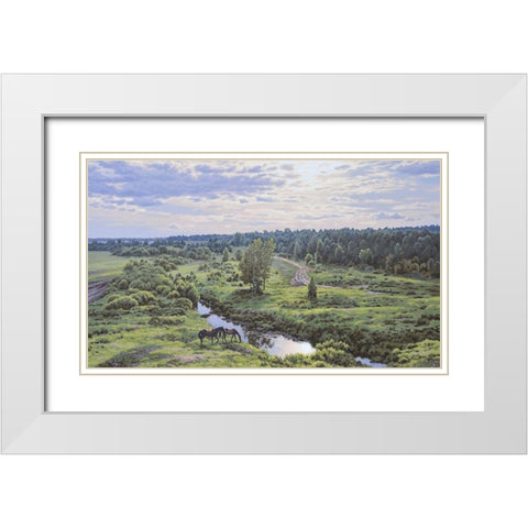 Landscape with River White Modern Wood Framed Art Print with Double Matting by Adamov, Alexey