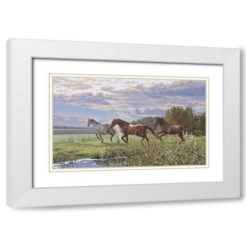 Three Running Horses White Modern Wood Framed Art Print with Double Matting by Adamov, Alexey