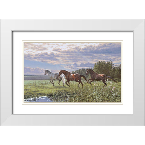 Three Running Horses White Modern Wood Framed Art Print with Double Matting by Adamov, Alexey