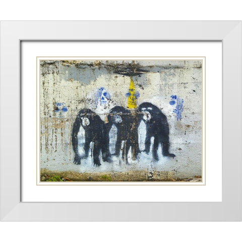 Three Monkeys White Modern Wood Framed Art Print with Double Matting by Grayscale