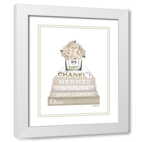 Cream Peony Book Stack White Modern Wood Framed Art Print with Double Matting by Greenwood, Amanda