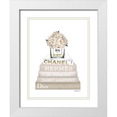 Cream Peony Book Stack White Modern Wood Framed Art Print with Double Matting by Greenwood, Amanda
