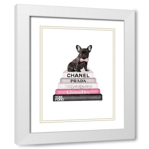 Pink Frenchie Bookstack White Modern Wood Framed Art Print with Double Matting by Greenwood, Amanda