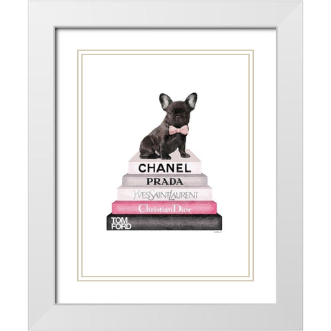 Pink Frenchie Bookstack White Modern Wood Framed Art Print with Double Matting by Greenwood, Amanda
