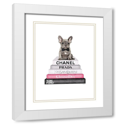 Grey Frenchie Bookstack White Modern Wood Framed Art Print with Double Matting by Greenwood, Amanda