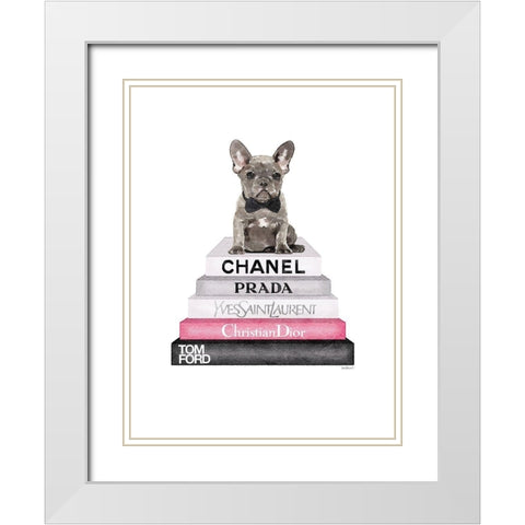 Grey Frenchie Bookstack White Modern Wood Framed Art Print with Double Matting by Greenwood, Amanda