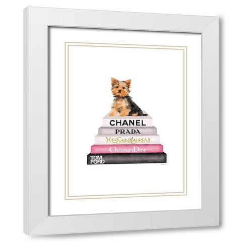 Yorkie Bookstack White Modern Wood Framed Art Print with Double Matting by Greenwood, Amanda