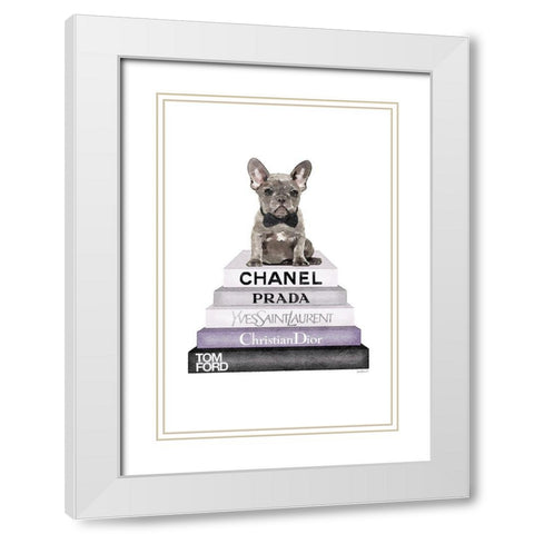 Purple Frenchie Bookstack White Modern Wood Framed Art Print with Double Matting by Greenwood, Amanda