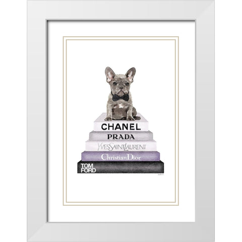 Purple Frenchie Bookstack White Modern Wood Framed Art Print with Double Matting by Greenwood, Amanda