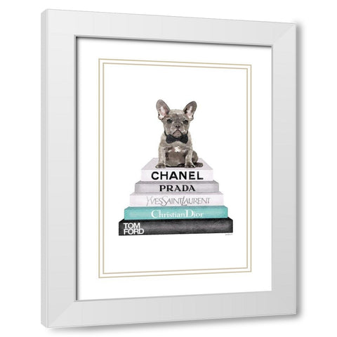 Teal Frenchie Bookstack White Modern Wood Framed Art Print with Double Matting by Greenwood, Amanda