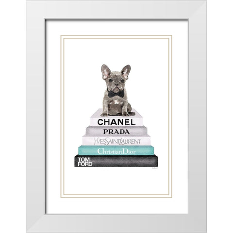 Teal Frenchie Bookstack White Modern Wood Framed Art Print with Double Matting by Greenwood, Amanda