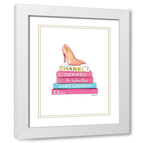 Pink Bookstack with shoes White Modern Wood Framed Art Print with Double Matting by Greenwood, Amanda