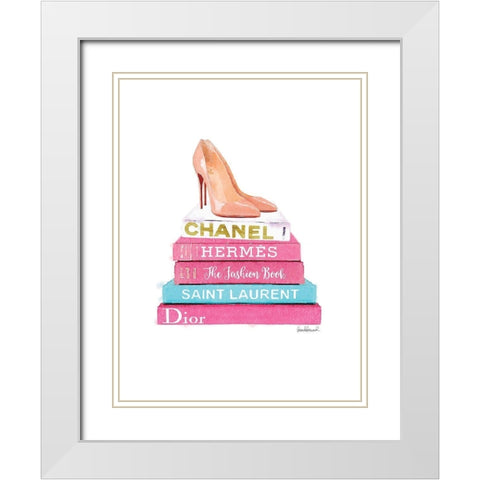 Pink Bookstack with shoes White Modern Wood Framed Art Print with Double Matting by Greenwood, Amanda