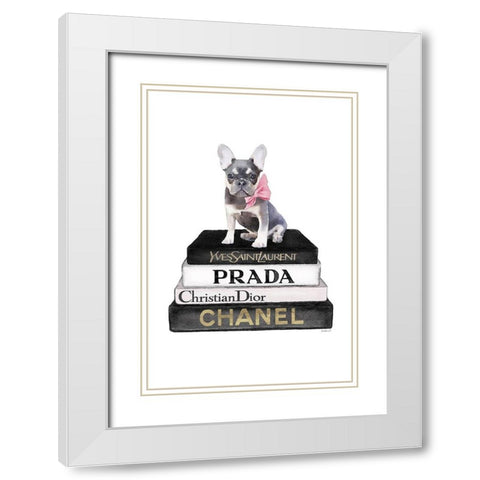 Black Frenchie Bookstack White Modern Wood Framed Art Print with Double Matting by Amanda Greenwood