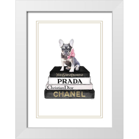 Black Frenchie Bookstack White Modern Wood Framed Art Print with Double Matting by Amanda Greenwood