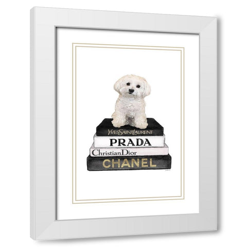 Bichon Frise Bookstack White Modern Wood Framed Art Print with Double Matting by Amanda Greenwood