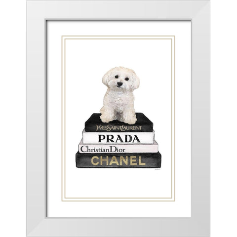 Bichon Frise Bookstack White Modern Wood Framed Art Print with Double Matting by Amanda Greenwood