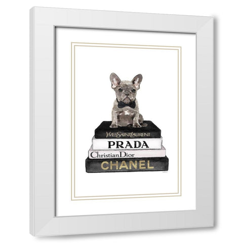 Black Frenchie Bookstack II White Modern Wood Framed Art Print with Double Matting by Amanda Greenwood