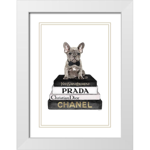 Black Frenchie Bookstack II White Modern Wood Framed Art Print with Double Matting by Amanda Greenwood