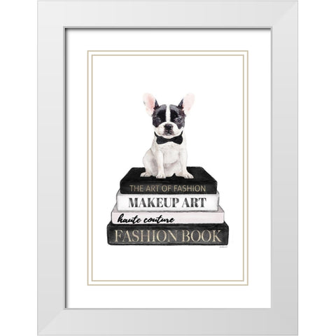 BandW Frenchie Bookstack White Modern Wood Framed Art Print with Double Matting by Amanda Greenwood
